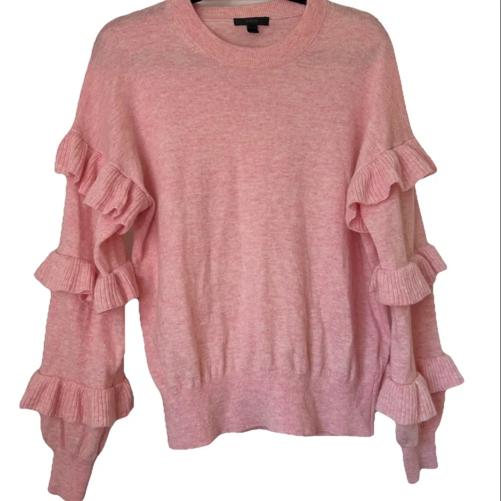 J. Crew Wool Bubblegum Pink Ruffle Sleeve Sweater Crew Neck Size Medium